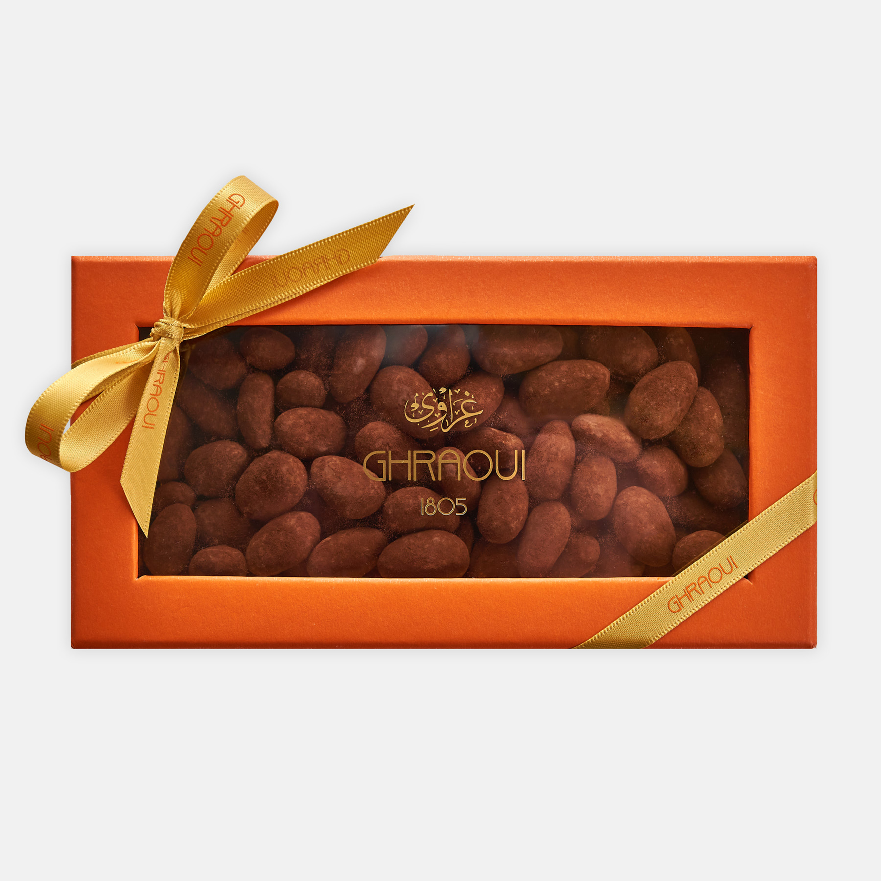 Roasted almonds coated with praline and dusted in cocoa powder - ghraoui-chocolate Edit alt text