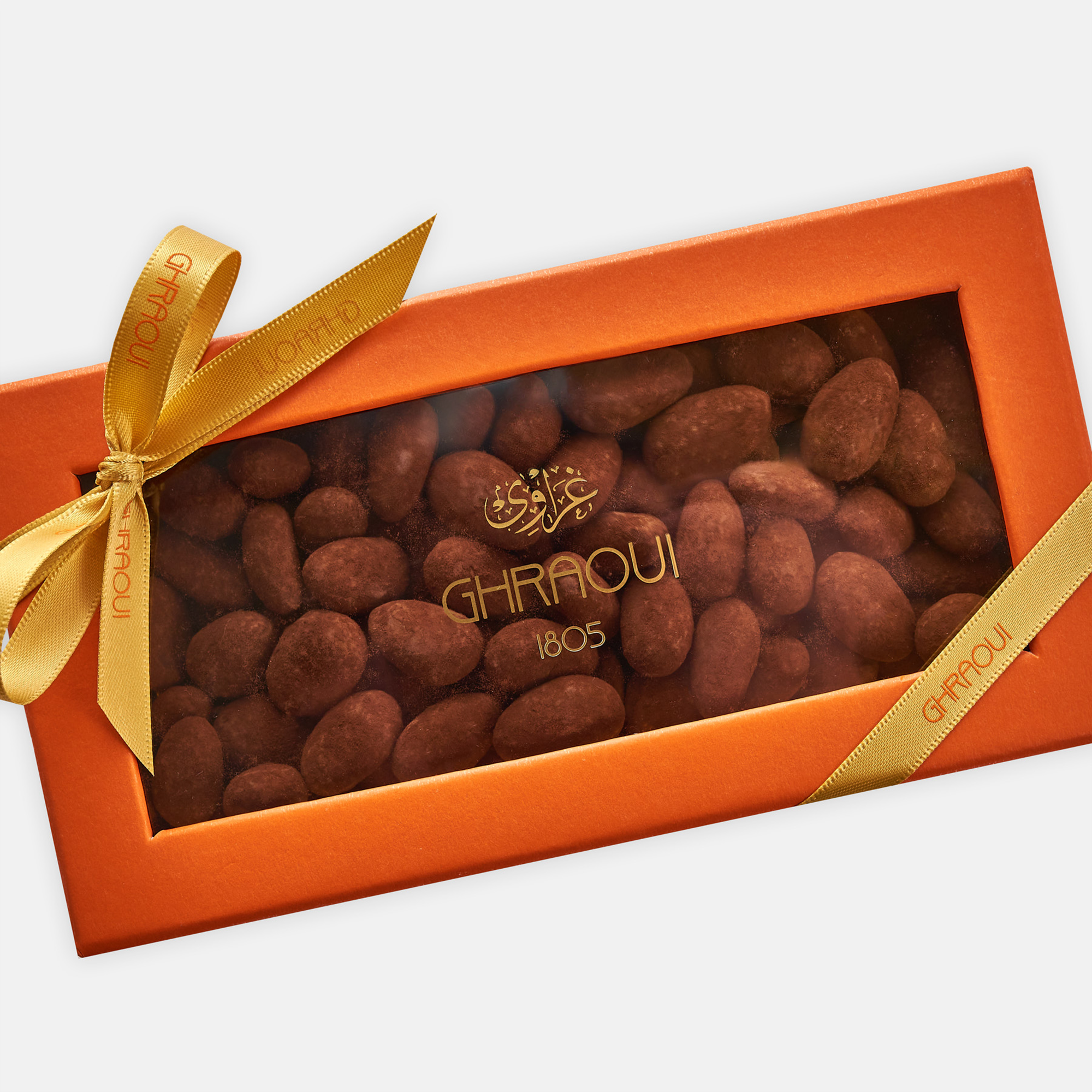 Roasted almonds coated with praline and dusted in cocoa powder - ghraoui-chocolate Edit alt text