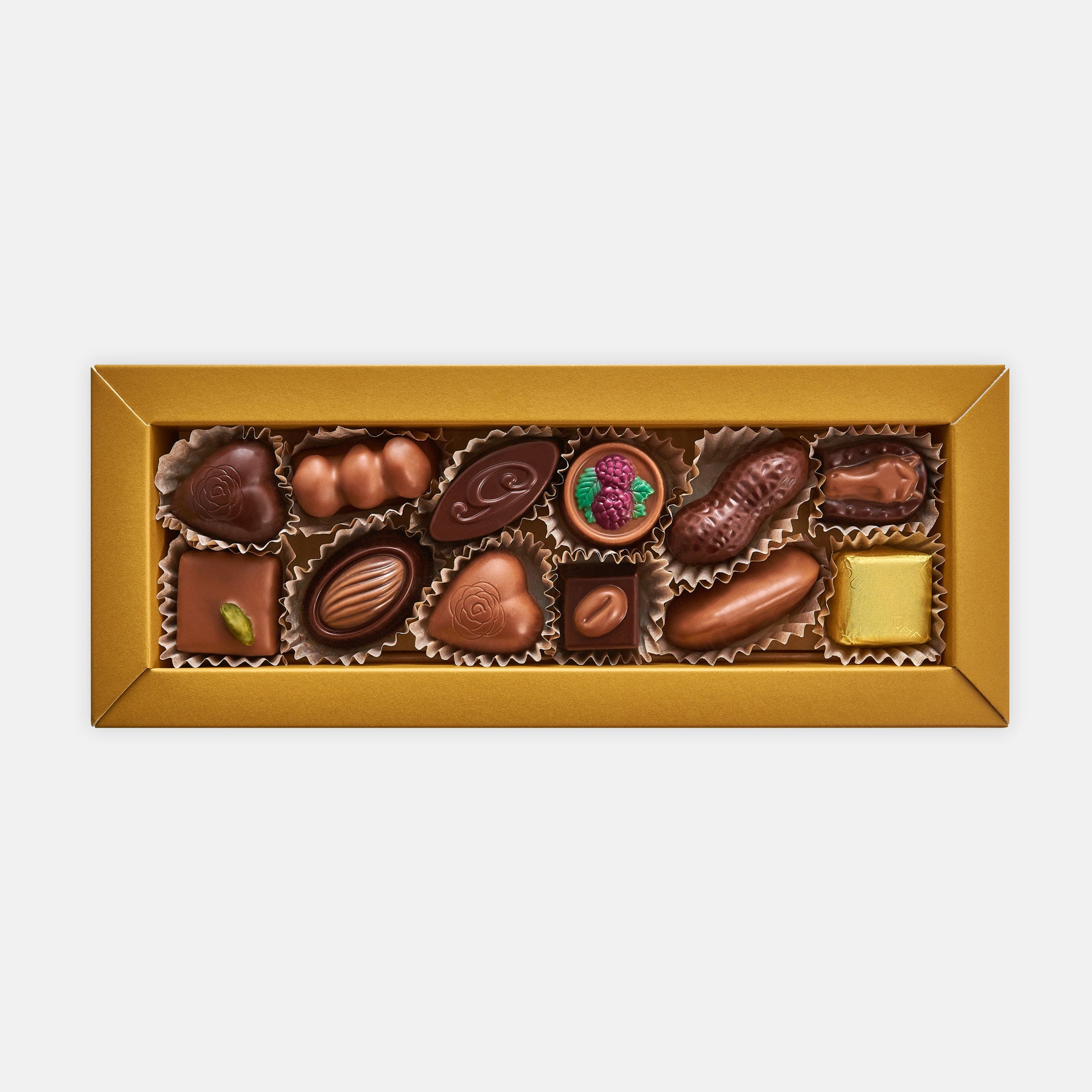 Assorted dark and milk chocolate bonbons in a chocolate box